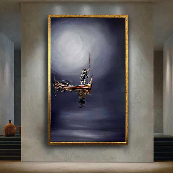 Lonely Fisherman On Moonlit Boat Wall Art Print Minimalist Night Sea Painting Serene Nautical Decor Peaceful Poster