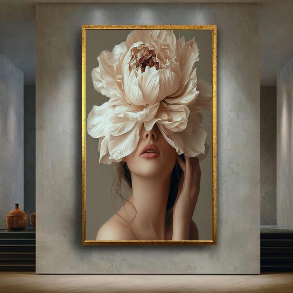 Woman With Giant White Peony Flower Elegant Floral Portrait Poster
