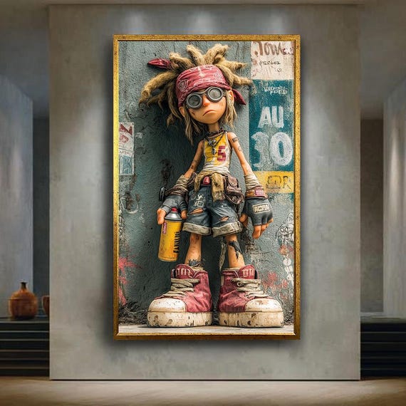 Urban Graffiti Kid Canvas Wall Art Street Style Punk Character Illustration Edgy Spray Paint Streetwear Poster For Cool Room Decor