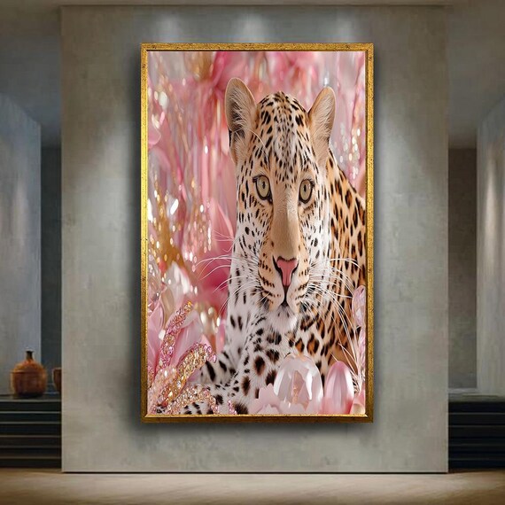 Luxury Leopard Print Wall Art With Pink Crystals And Flowers Glam Animal Decor For Fashionable Interiors Feminine Spaces