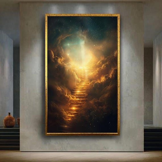 Heavenly Stairway Canvas Wall Art With Golden Light And Clouds Spiritual Fantasy Dreamscape Print For Meditation Or Inspirational Decor