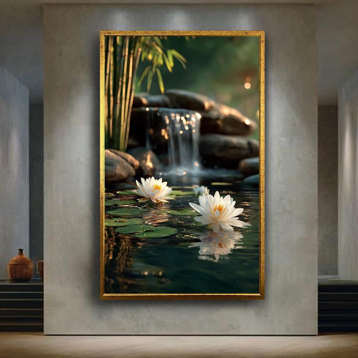 White Pond With Bamboo and Waterfall Zen Art Print