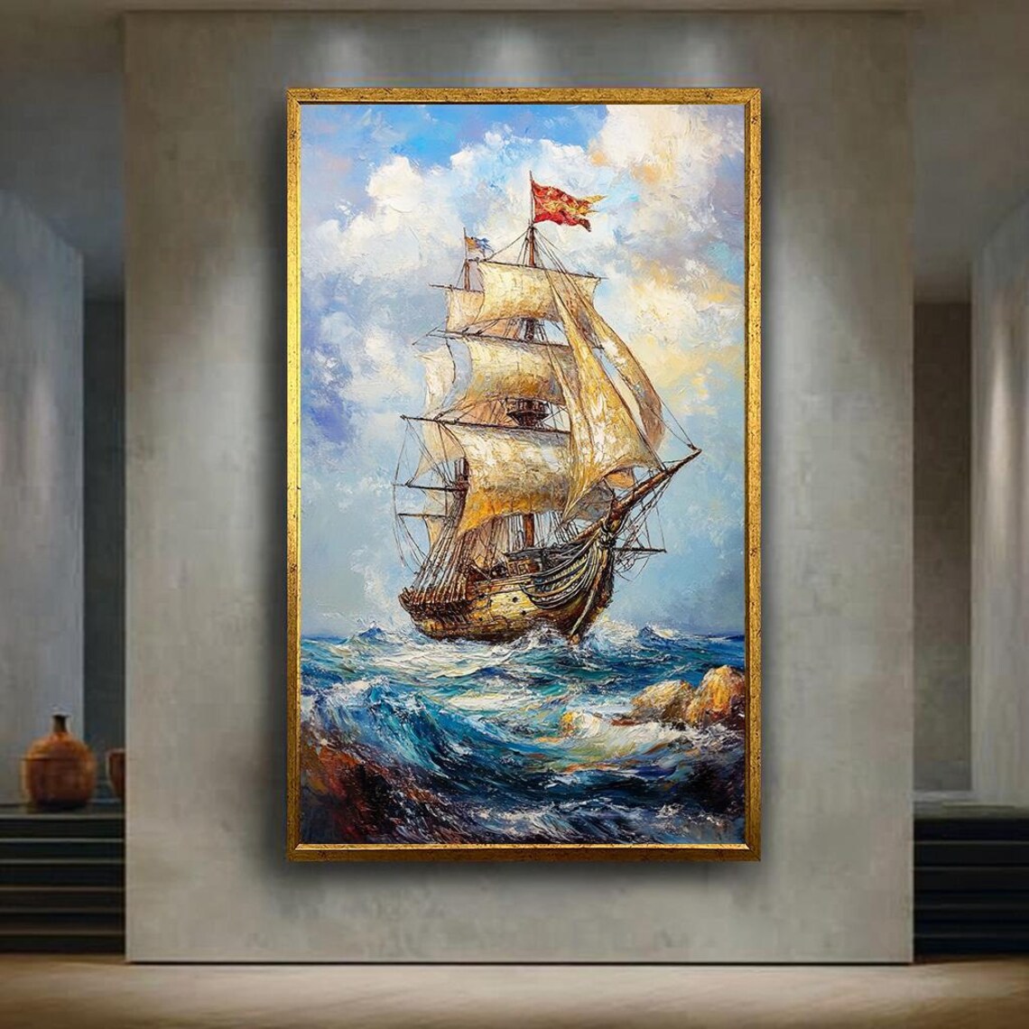 Vintage Tall Ship Sailing In Stormy Ocean Art Print