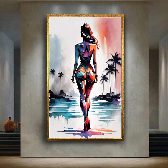 Colorful Beach Woman Canvas Wall Art Print Abstract Female Silhouette Painting Tropical Summer Decor For Modern Home Or House