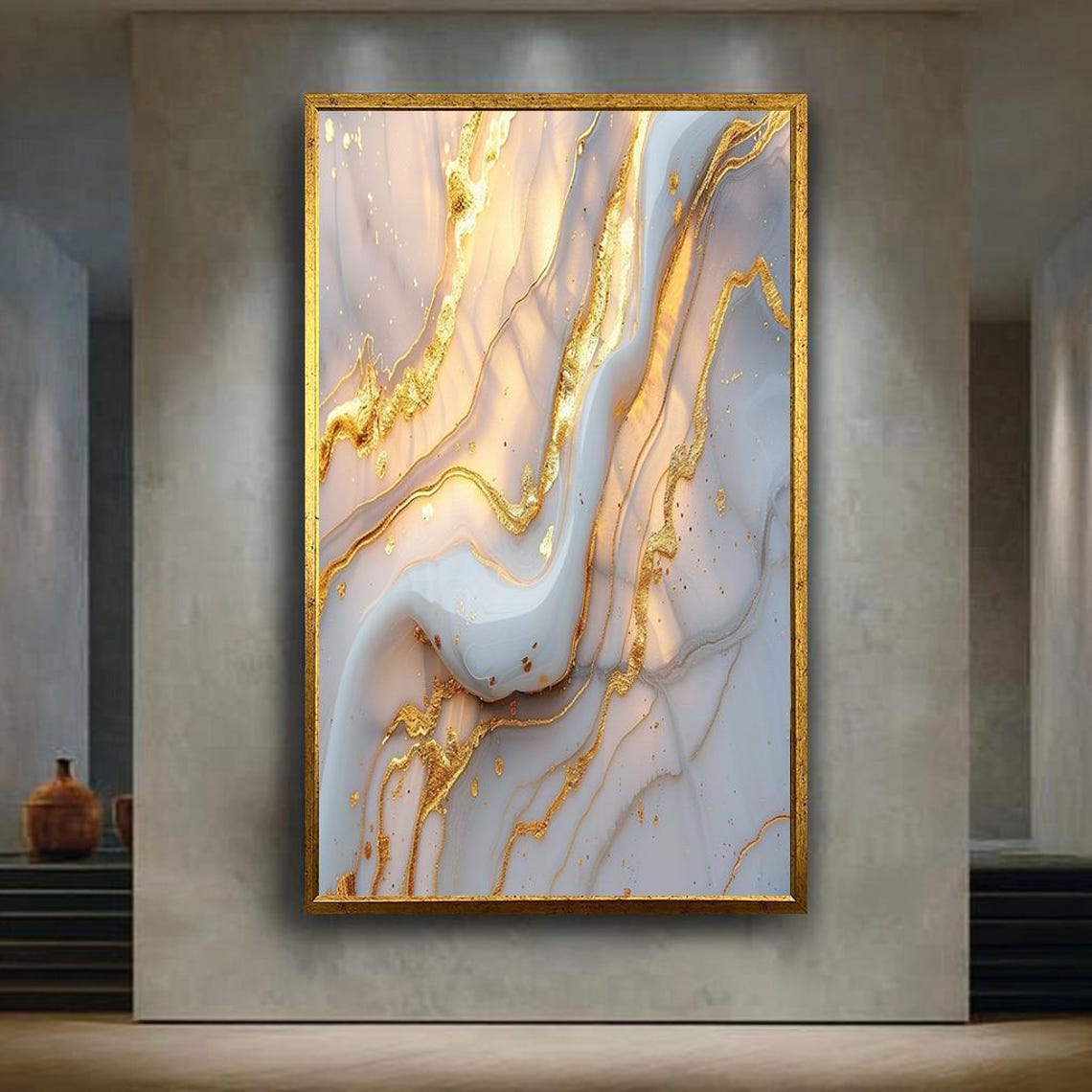 Abstract Gold And White Marble Canvas Wall Art With Fluid Painting Texture Modern Luxury Minimalist Home Decor Accent Piece