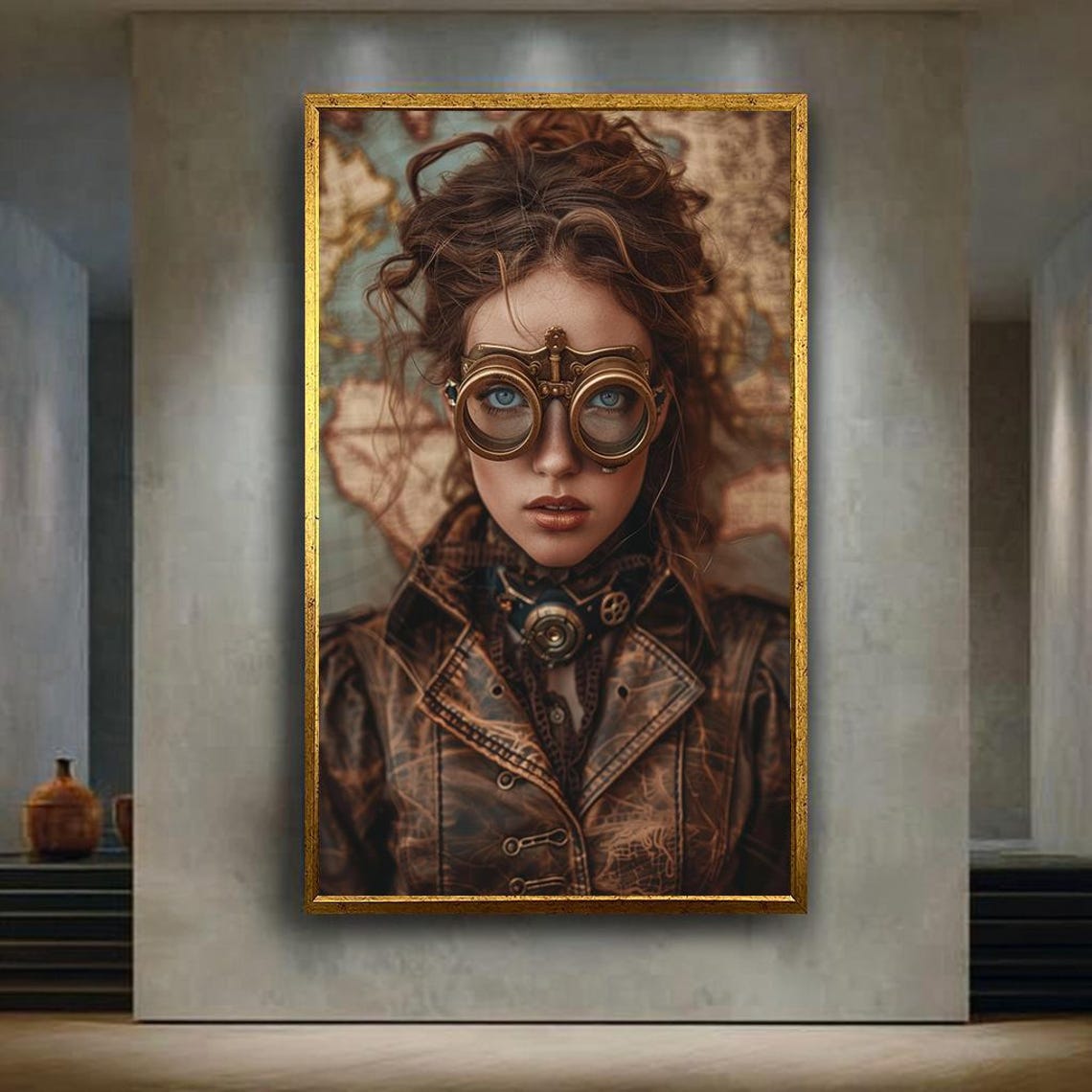 Steampunk Explorer Woman With Brass Goggles And Map Portrait Poster