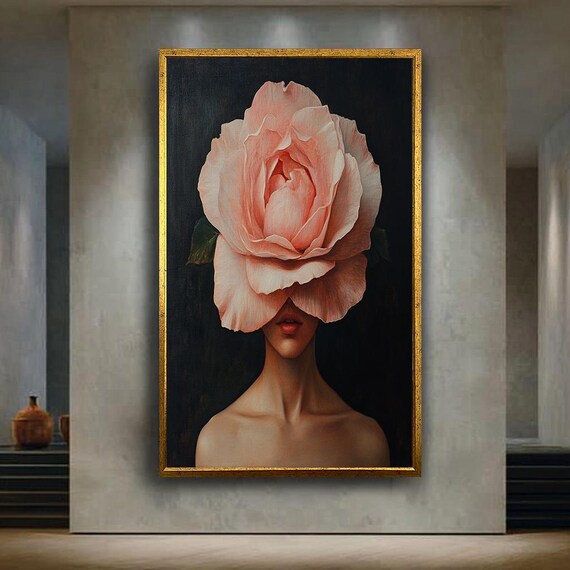 Pink Rose Woman Portrait Canvas Wall Art Botanical Flower Artwork For Home Decor Romantic Gift Floral And Lovers