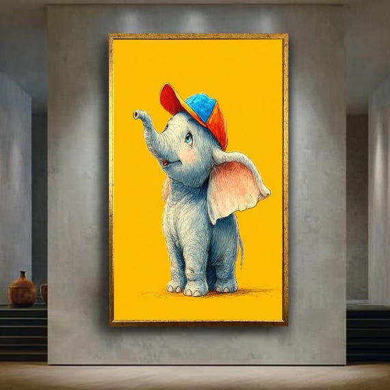 Cute Elephant Wall Art Print Yellow Background Poster Baby Animal Illustration Nursery Room Decor Playful Kids Artwork