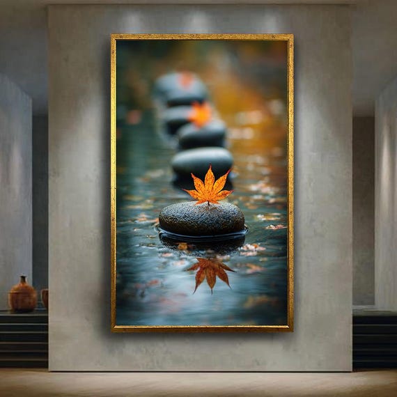 Zen Garden Canvas Wall Art With Autumn Maple Leaf And River Stones Tranquil Nature Print For Home Or Meditation Room Decor