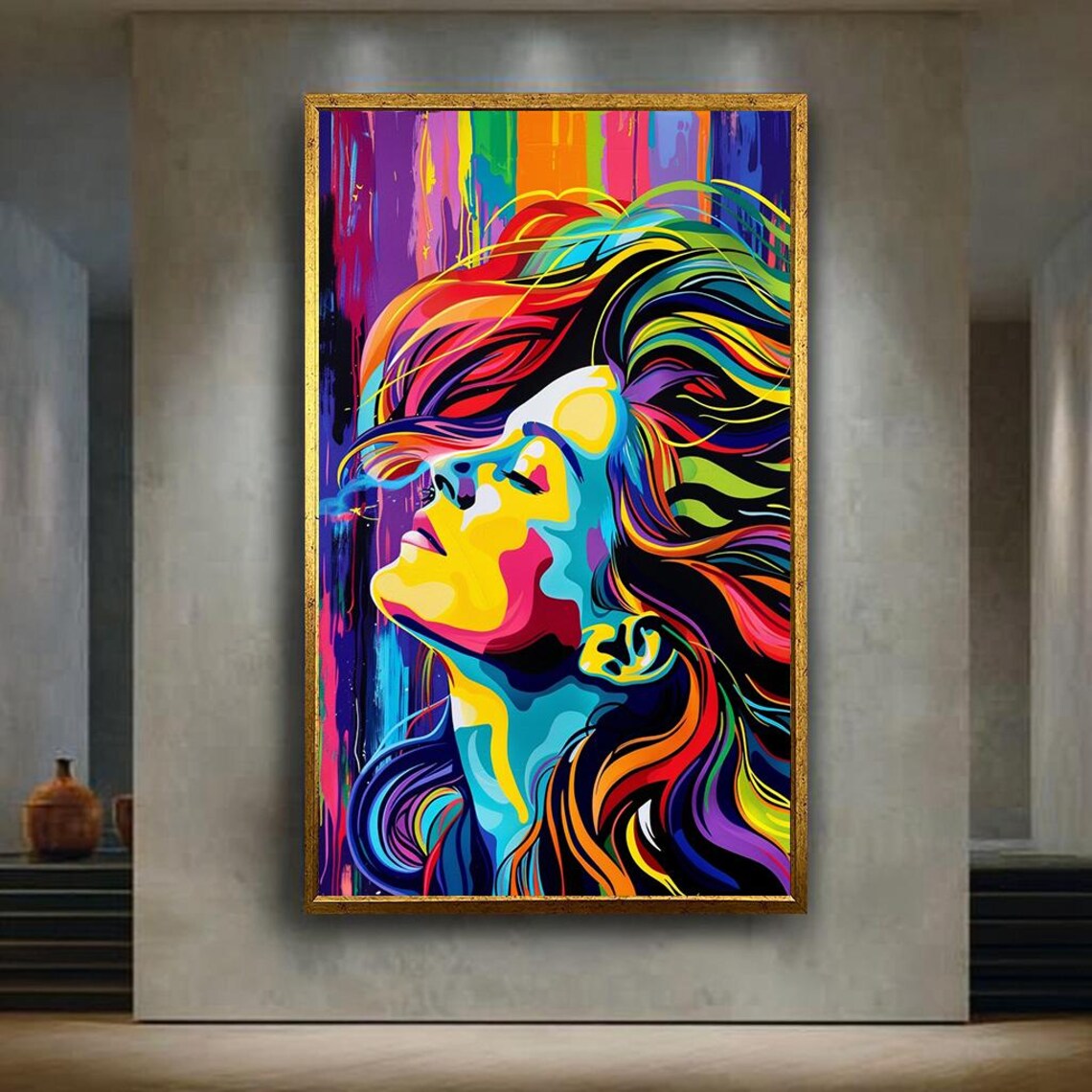 Colorful Pop Art Woman Portrait with Rainbow Flowing Hair Poster