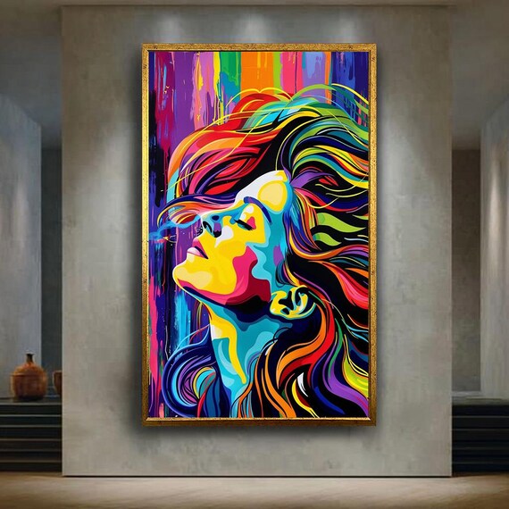 Colorful Pop Art Woman Portrait with Rainbow Flowing Hair Poster