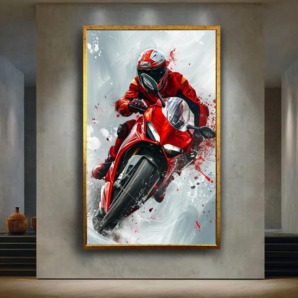 Red Motorcycle Racer At Speed Splatter Paint Action Art Poster