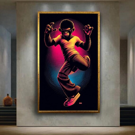 Neon Monkey Character Canvas Wall Art Cool Anthropomorphic Ape In Dynamic Pose With Retro 80s Synthwave Lighting