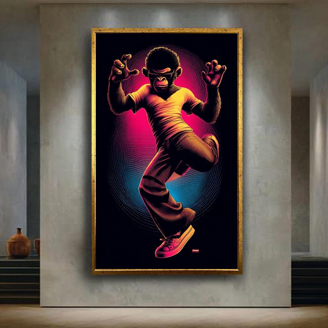 Neon Monkey Character Canvas Wall Art Cool Anthropomorphic Ape In Dynamic Pose With Retro 80s Synthwave Lighting