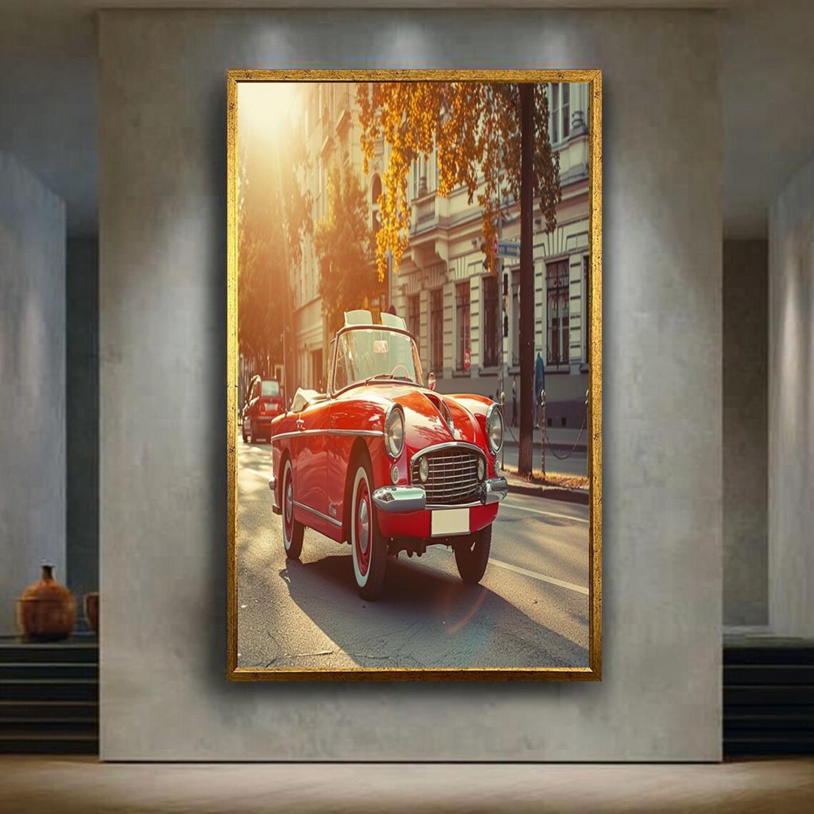 Vintage Red Convertible Car Sunlit European Street Classic Poster