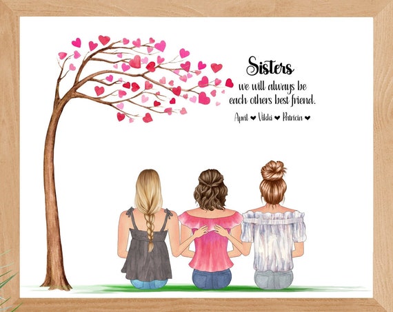 Personalized Three Sisters Portrait Under Heart Tree Gift Poster
