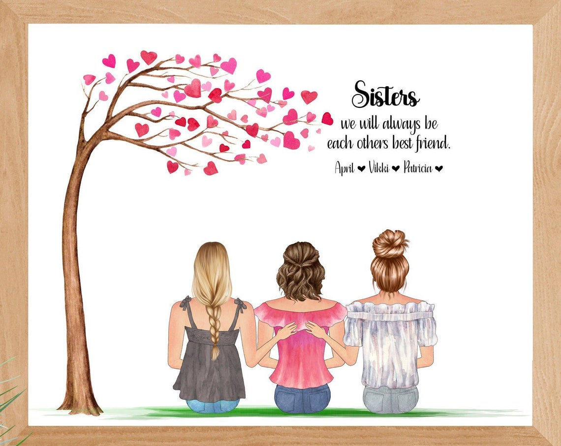 Personalized Three Sisters Portrait Under Heart Tree Gift Poster