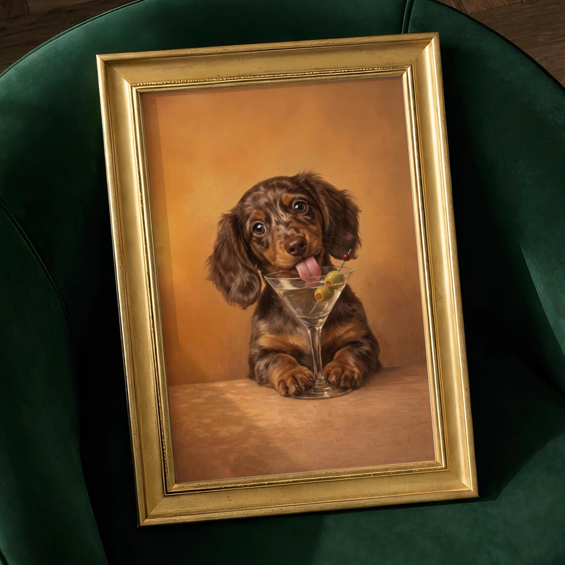 Dachshund Puppy Licking Martini Glass Playful Bar Cart Art Poster