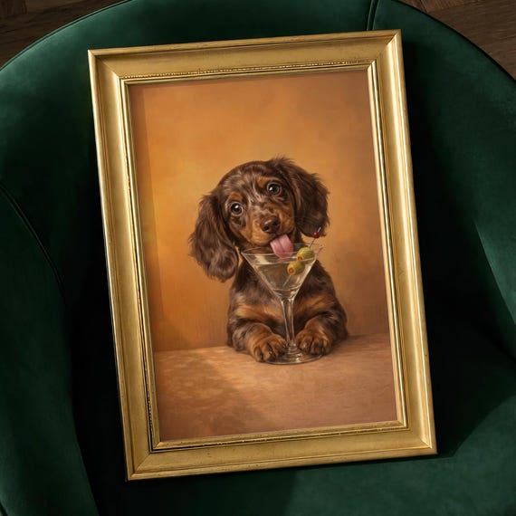 Cute Dachshund Martini Print Funny Puppy Bar Cart Wall Art Wiener Dog Cocktail Poster Kitchen Lounge Decor Digital Download