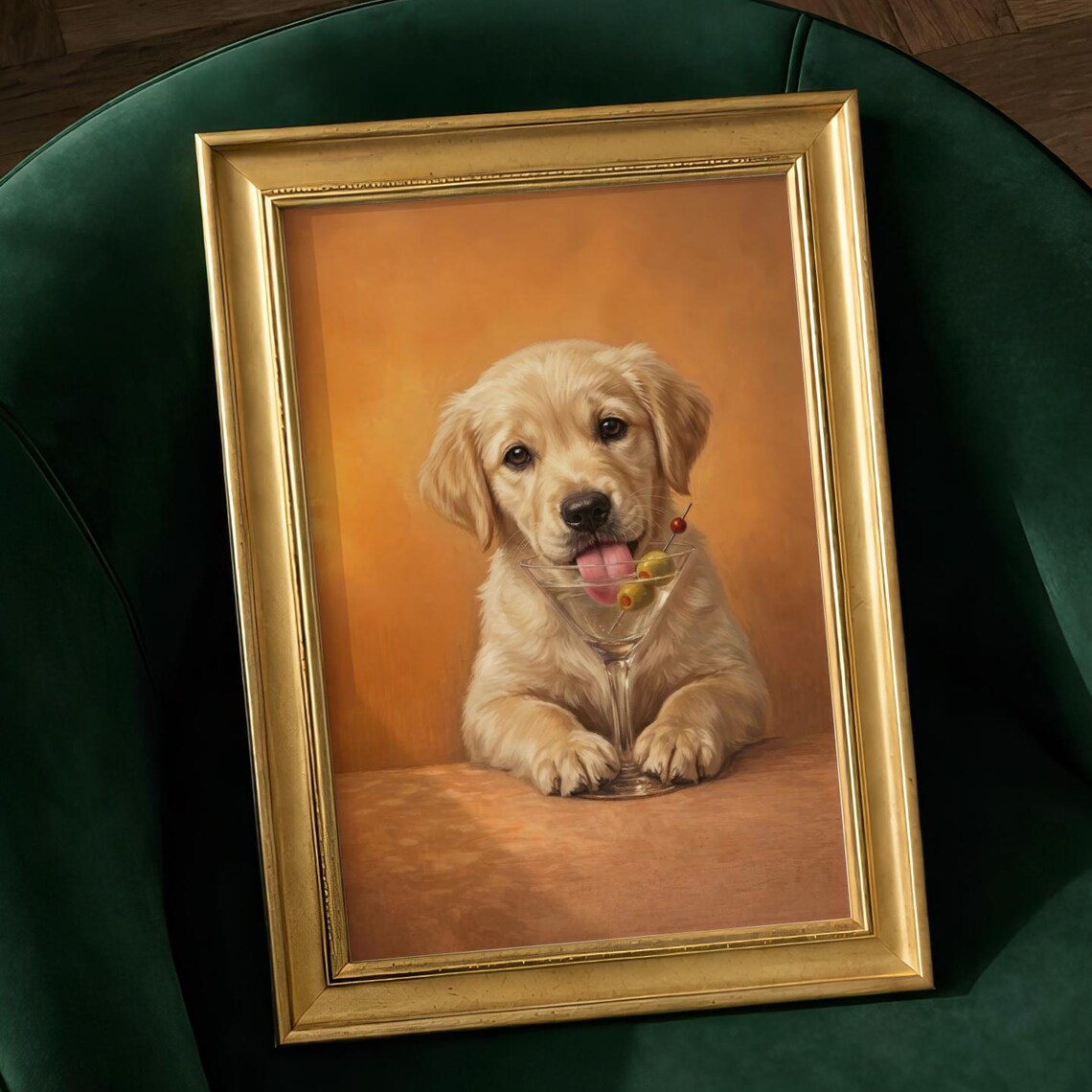 Golden Retriever Martini, Funny Puppy Bar Cart Art Print