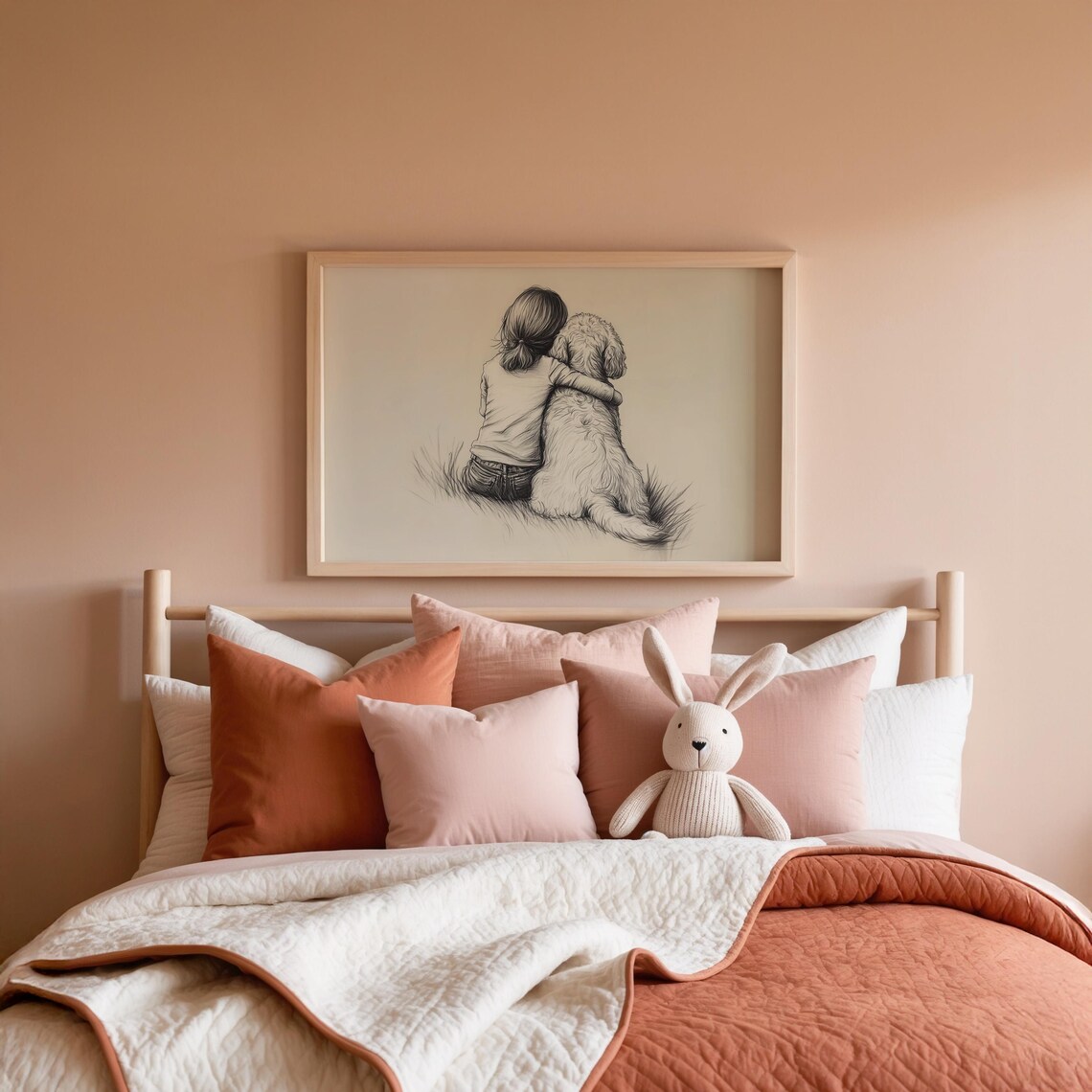 Little Girl And Golden Retriever Dog Vintage Sketch Nursery Bedroom Poster