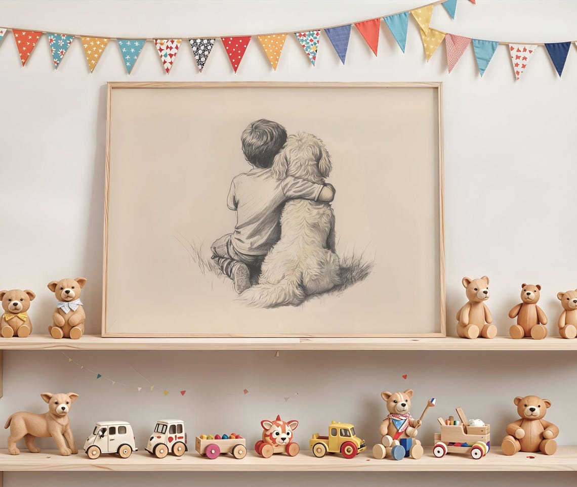Boy with Goldendoodle Puppy Pencil Sketch Kids Room Wall Art