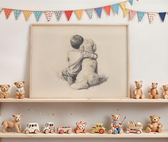 Boy with Goldendoodle Puppy Pencil Sketch Kids Room Wall Art
