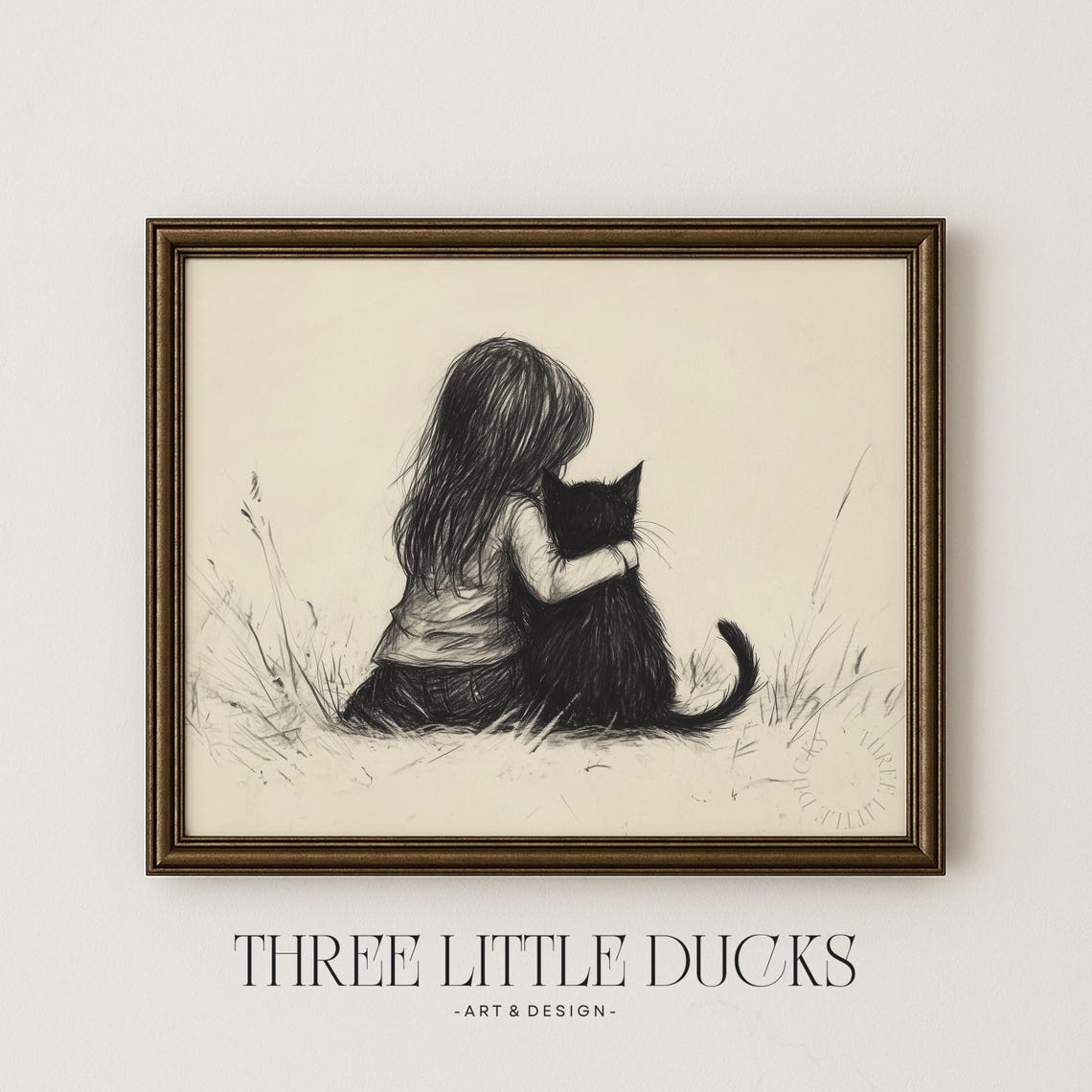 Girl Hugging Black Cat Minimalist Vintage Sketch Rustic Wall Art