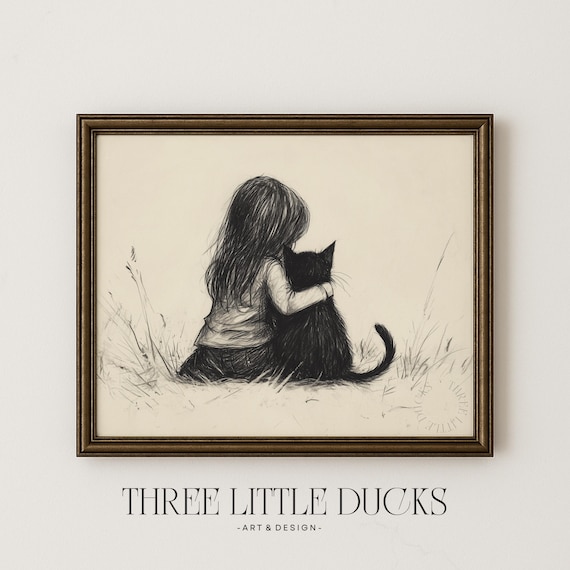 Girl Hugging Black Cat Minimalist Vintage Sketch Rustic Wall Art
