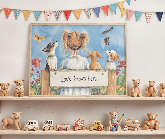 Love Grows Here Girl With Animal Dog Friends Nursery Decor Childrens Room Kids Bedroom Artwork Whimsical Nature Painting 505