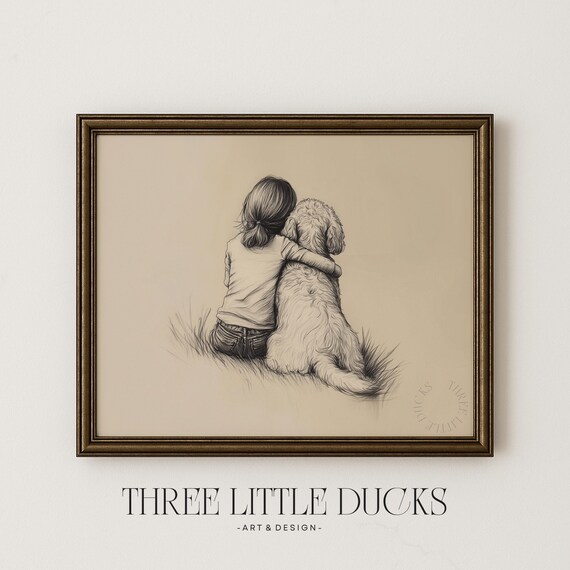 Girl Hugging Doodle Dog Pencil Sketch Nursery Decor Wall Art