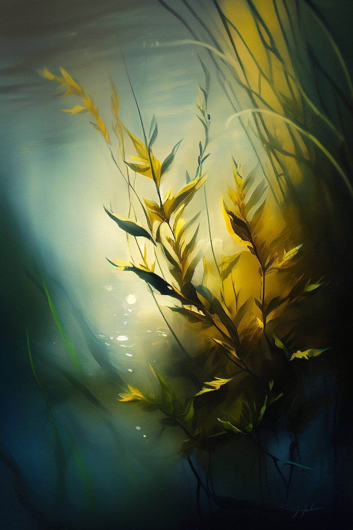 Sunlit Green Plants Abstract Botanical Garden Painting Poster - Image 2