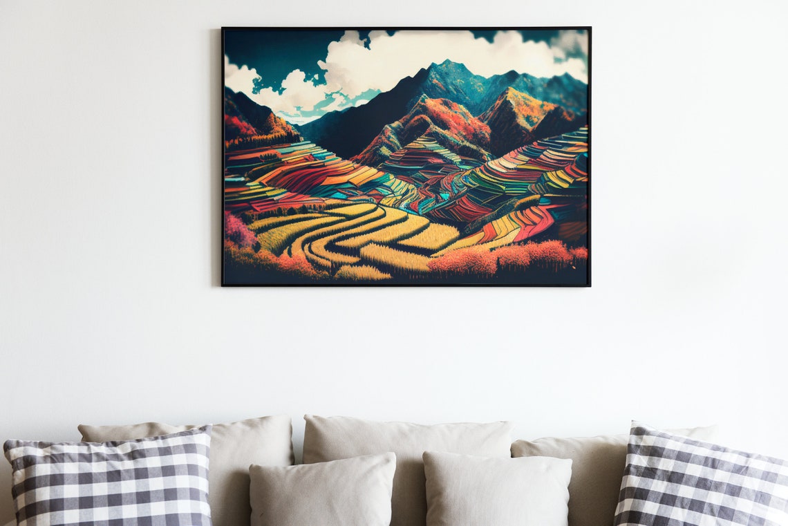 Colorful Rice Terraces Mountain Landscape Art Painting Poster - Image 3