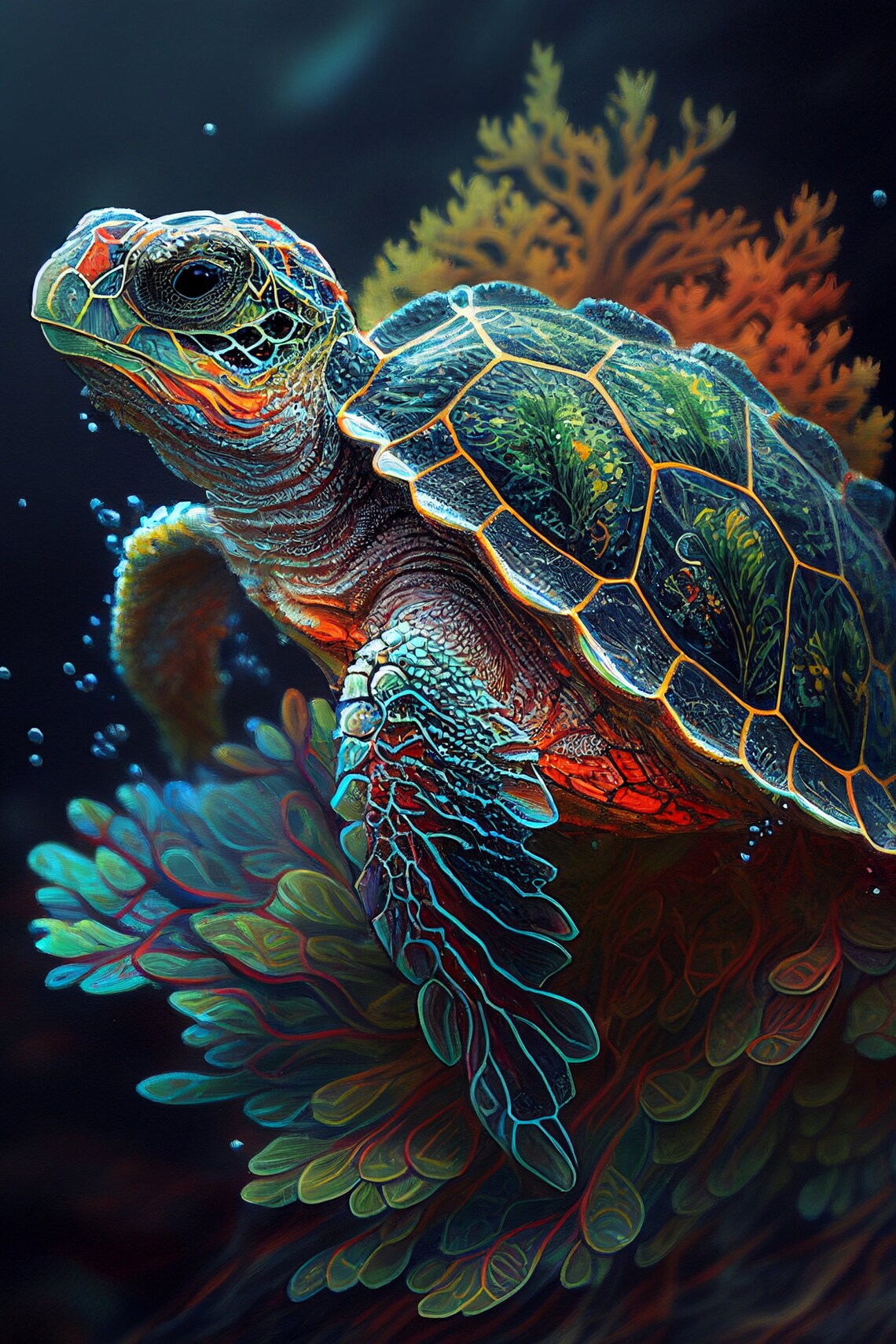 Colorful Sea Turtle Swimming Among Coral Reef Digital Art Poster - Image 2