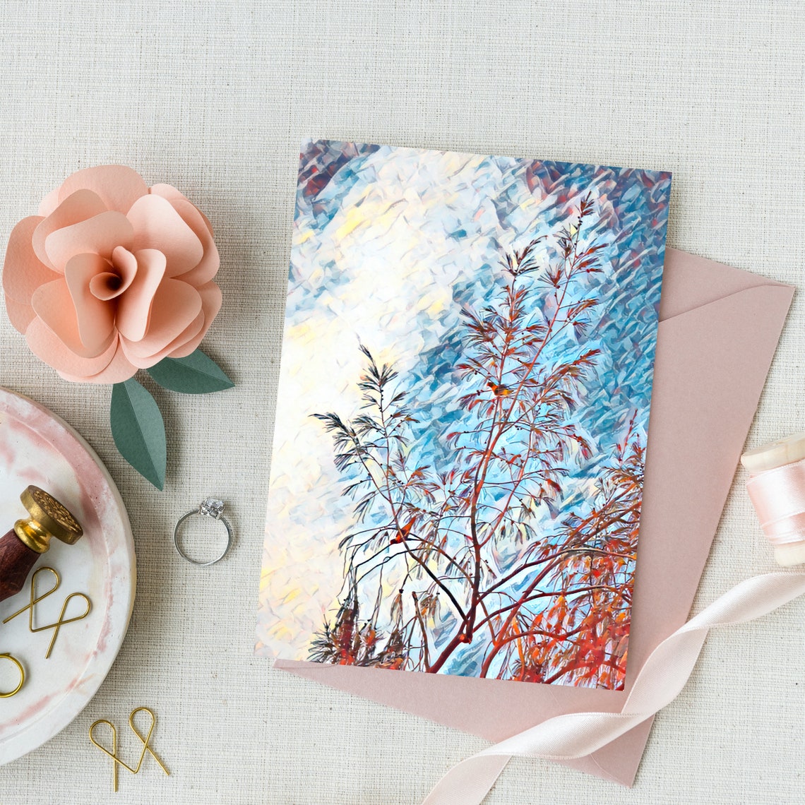 Small Bird in Red Leaf Tree Impressionist Wedding Card Art Poster