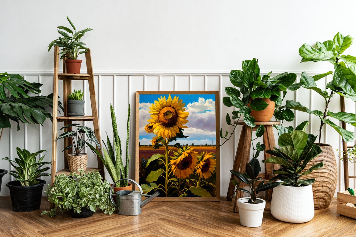 Bold Sunflowers Under Blue Cloudy Sky Classic Floral Art Poster - Image 3
