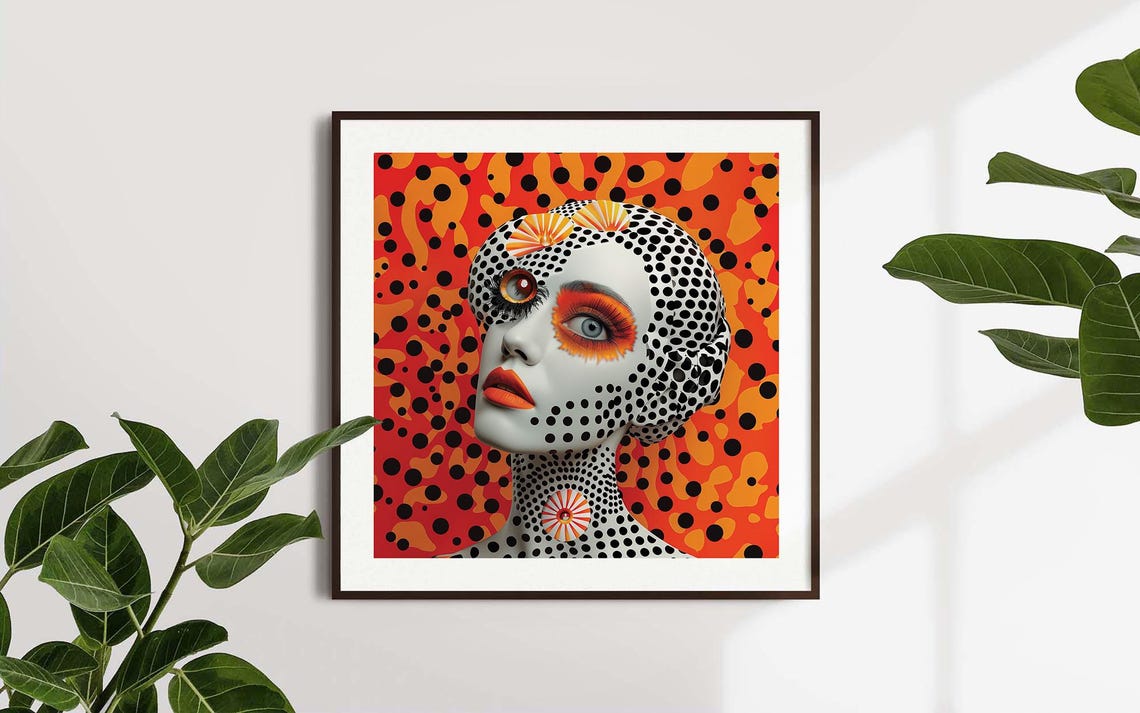 Abstract 3D Woman Portrait Dotted Face Bold Orange Pop Art Poster - Image 2