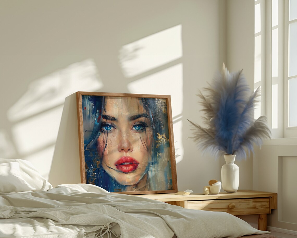 Blue Eyed Woman Portrait Red Lips Oil Painting Beauty Art Poster - Image 5