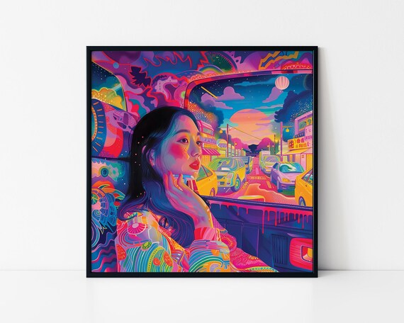 Beautiful Neon City Taxi Night Ride Dreamy Woman Psychedelic Wall Art