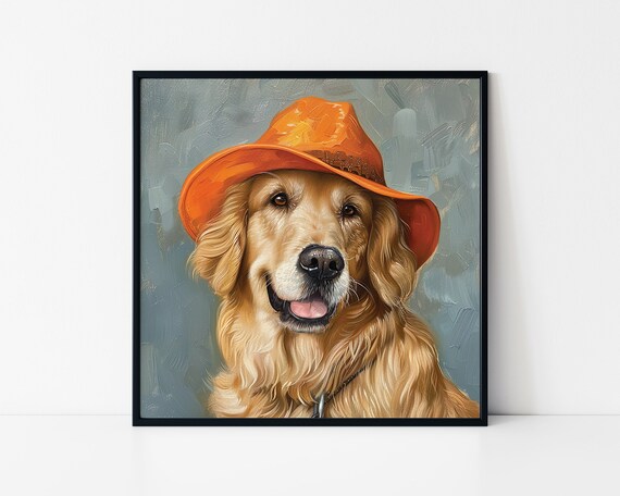 Golden Retriever With Orange Hat Framed Poster Golden Retriever Portrait Cute Dog With Hat Happy Golden Retriever Painting Dogs Lovers