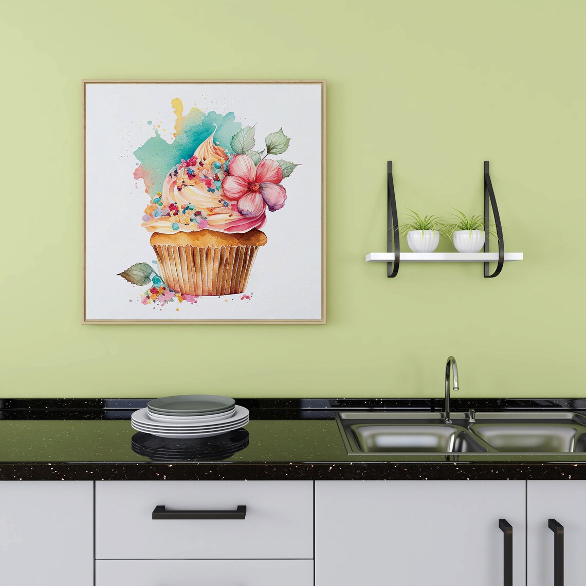 Watercolor Cupcake With Flowers Art Print, Kitchen Decor - Image 4