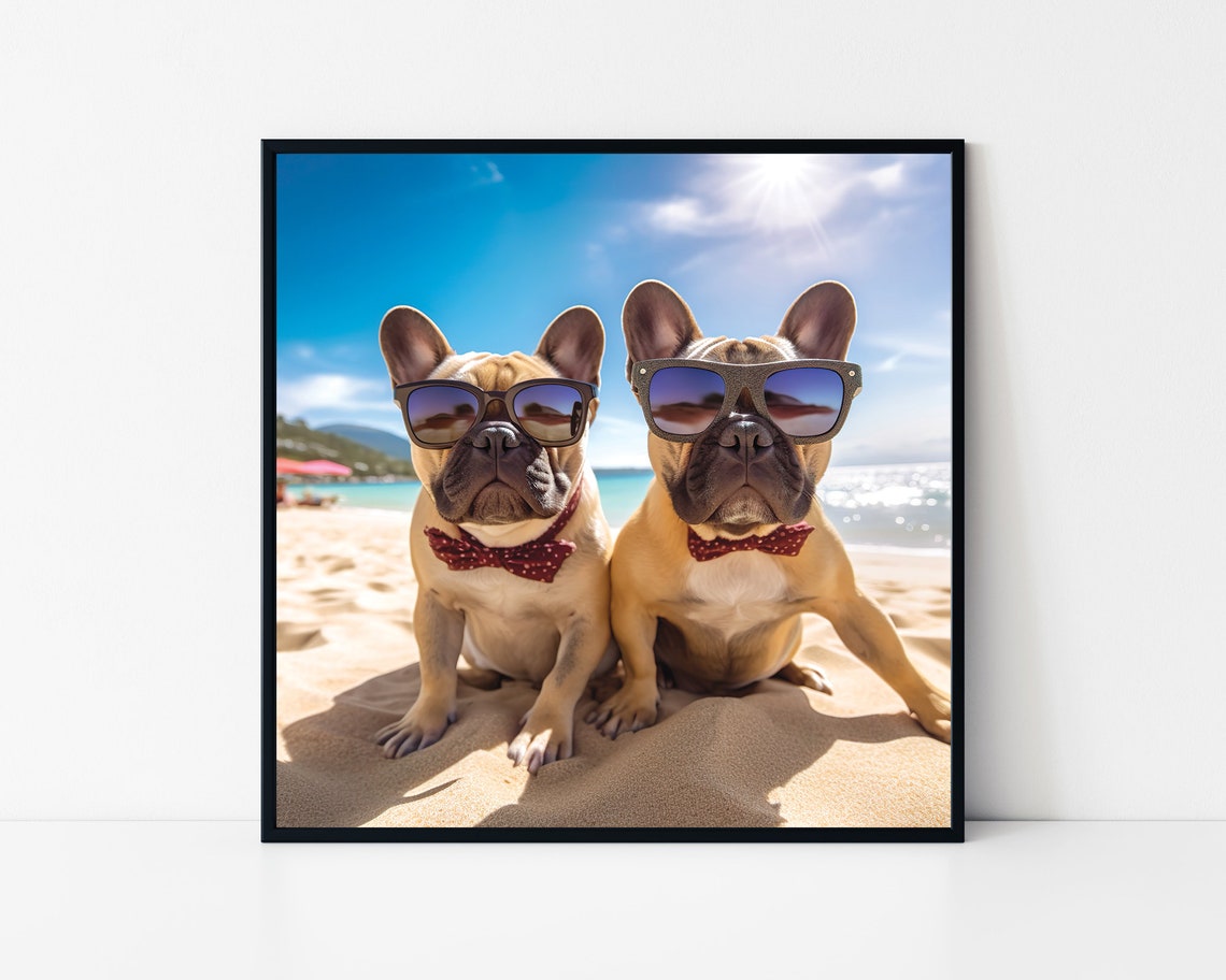 French Bulldogs Beach Sunglasses Bow Ties Funny Summer Dogs Poster