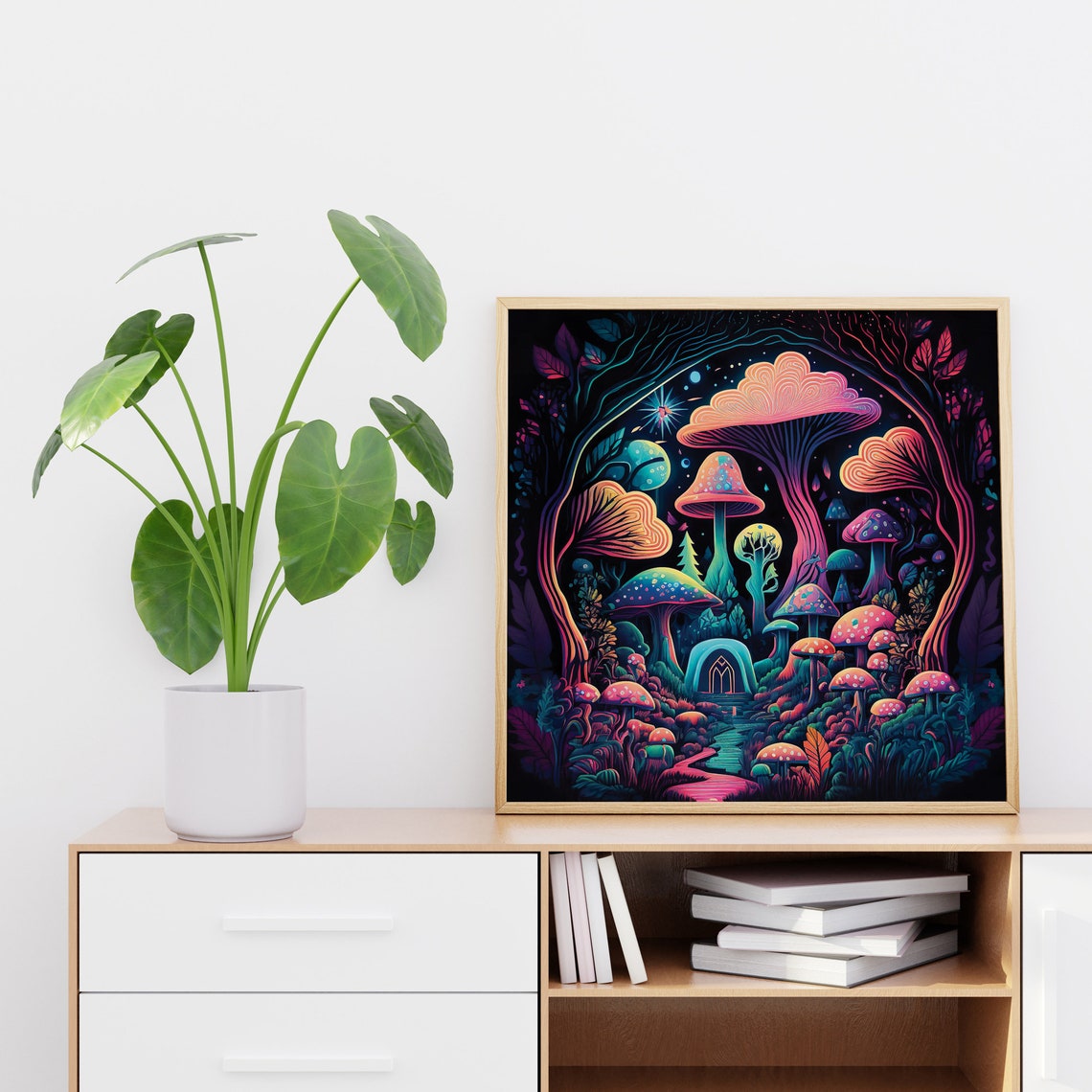 Neon Psychedelic Mushroom Forest With Tiny Door Fantasy Art Poster - Image 5