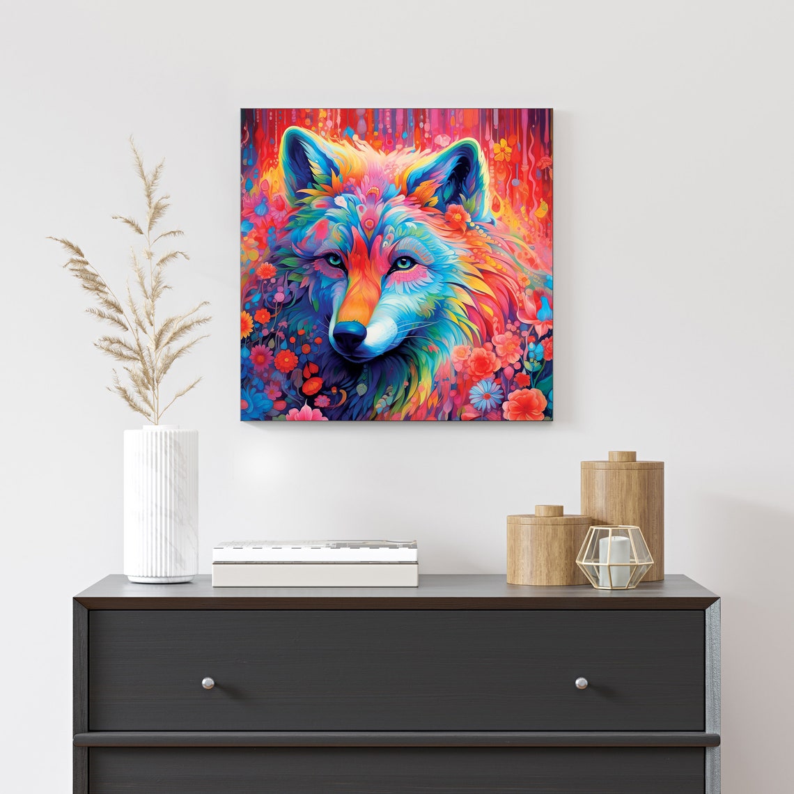 Colorful Rainbow Wolf Face Vibrant Floral Wildlife Pop Art Poster - Image 4