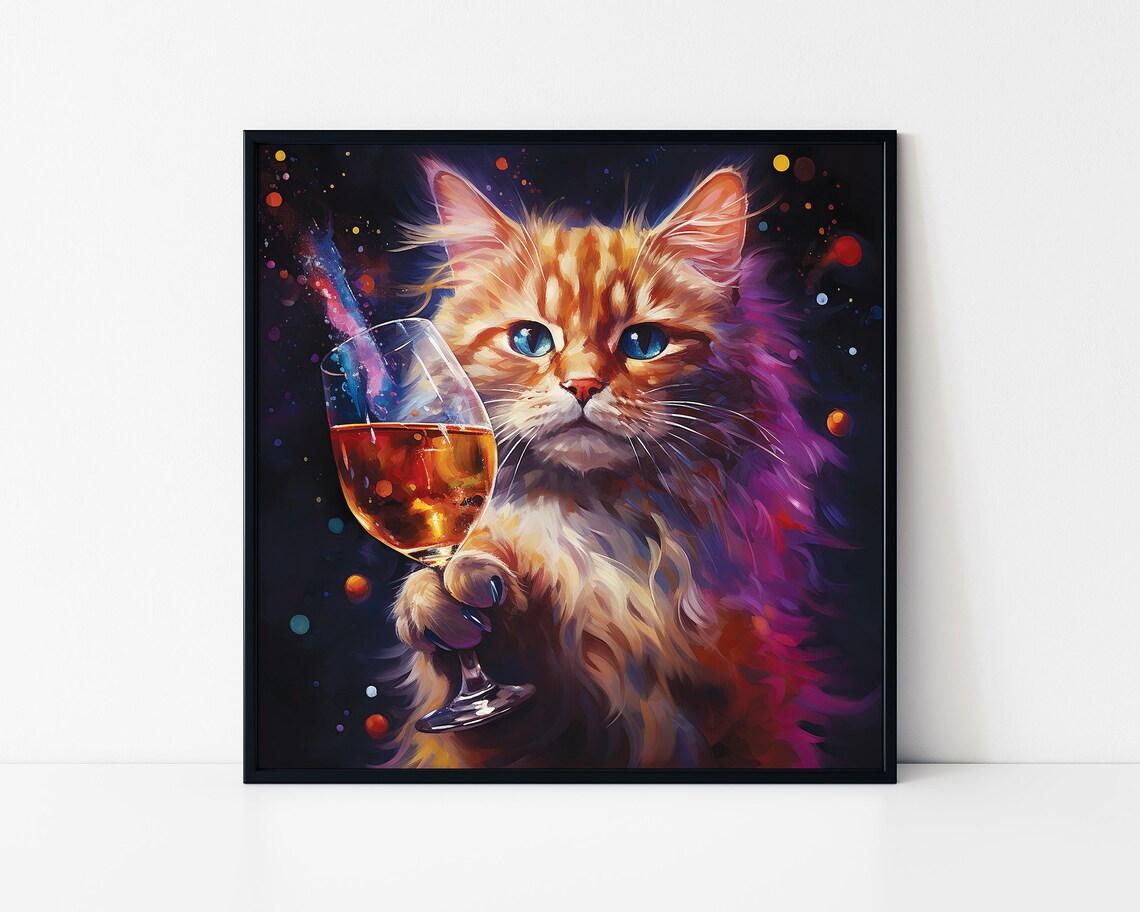 Fluffy Orange Cat Holding Wine Glass Funny Party Animal Poster