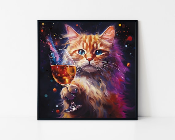 Fluffy Orange Cat Holding Wine Glass Funny Party Animal Poster