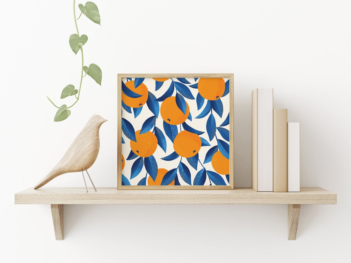 Orange Citrus Fruit Blue Leaf Pattern Modern Kitchen Decor Poster - Image 5
