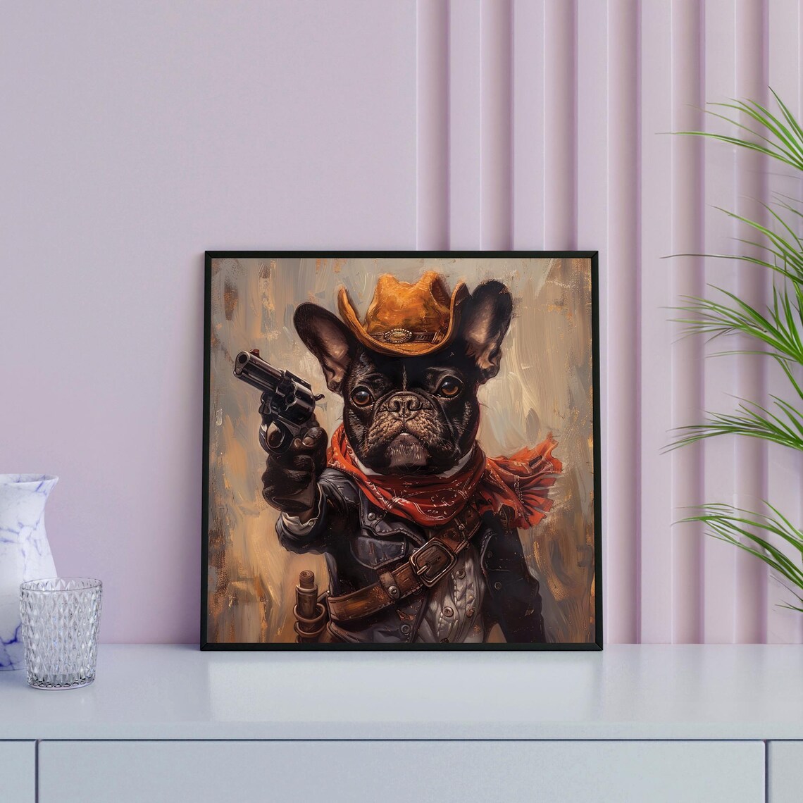 Cowboy French Bulldog Revolver Western Oil Painting Funny Dog Poster - Image 3