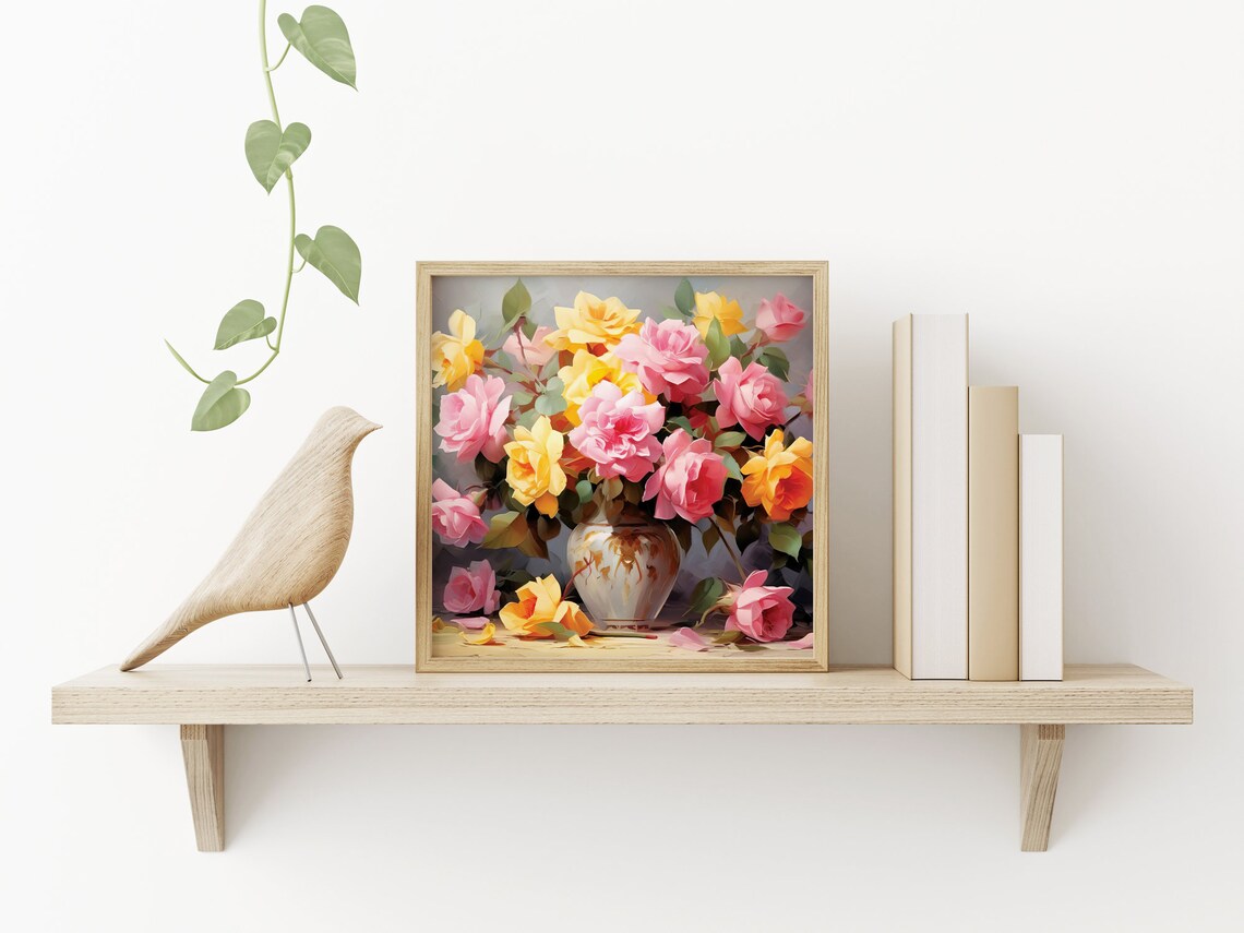Palette Knife Roses Bouquet Oil Painting Pink Yellow Flower Poster - Image 3