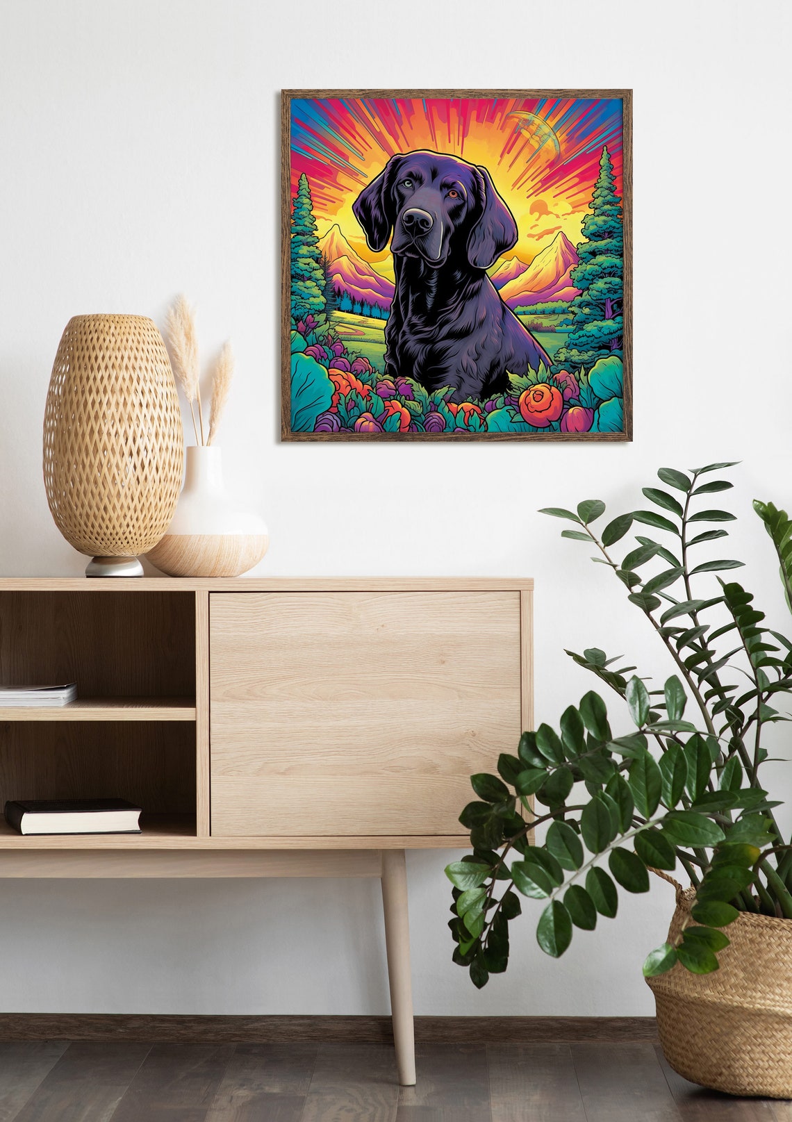 Black Labrador Sunset Mountains Psychedelic Dog Meadow Art Poster - Image 2